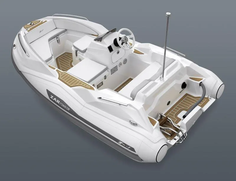 Slide: The Image of 2025 Zar Formenti ZF-1 boat, white with wood accents, sleek design, top view. - 21