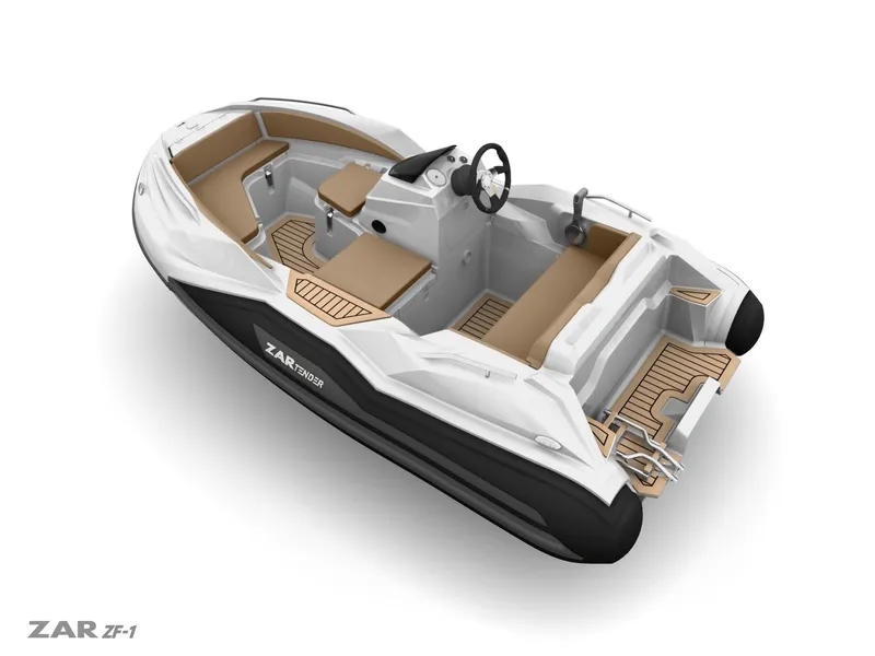 Slide: The Image of 2025 Zar Formenti ZF-1 boat, sleek design, white and tan interior, modern steering console. - 6