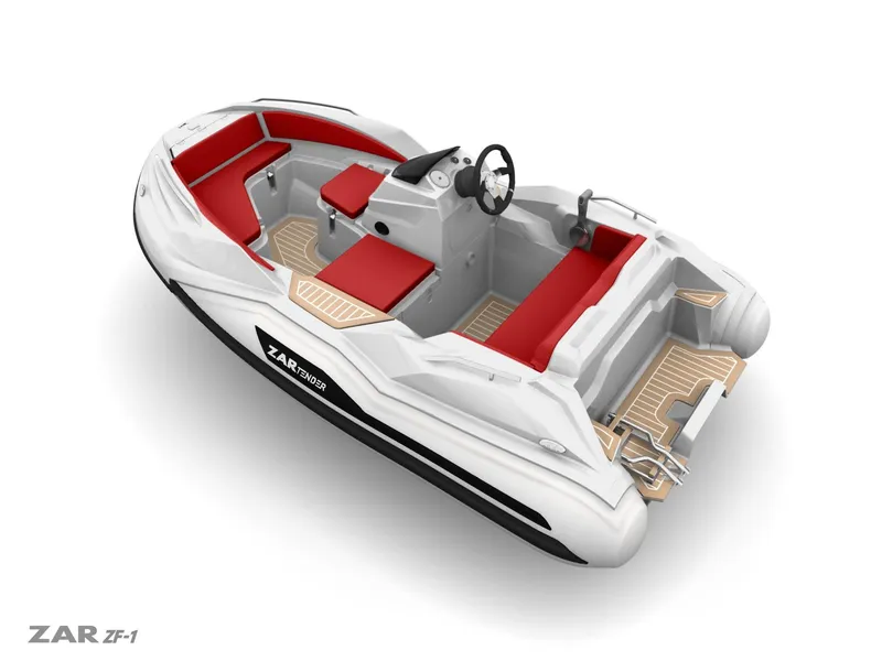 Slide: The Image of 2025 Zar Formenti ZF-1 boat with red seating and sleek white design. - 8