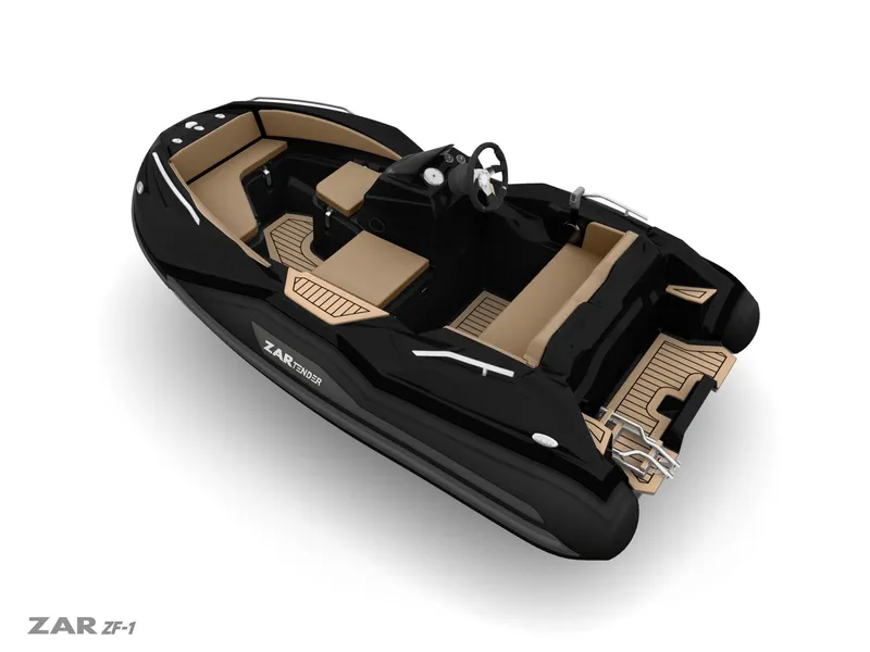 Slide: The Image of 2025 Zar Formenti ZF-5 boat, sleek black design with beige seating, modern interior. - 17