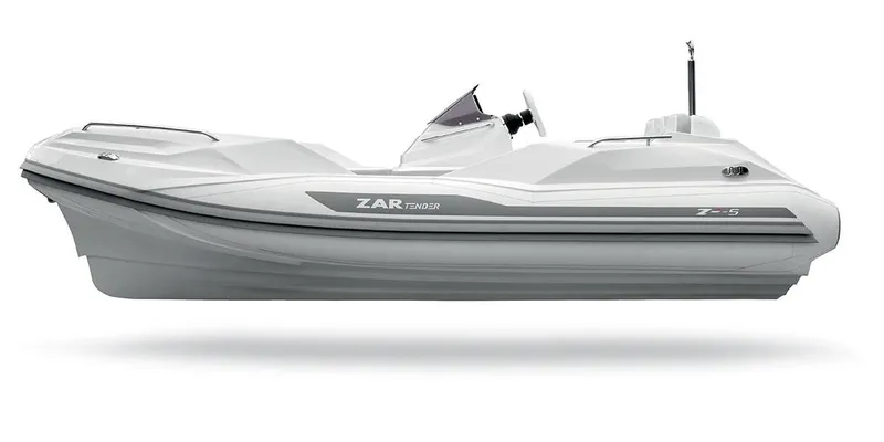 Slide: The Image of 2025 Zar Formenti ZF-5 boat, sleek white design, side view. - 2