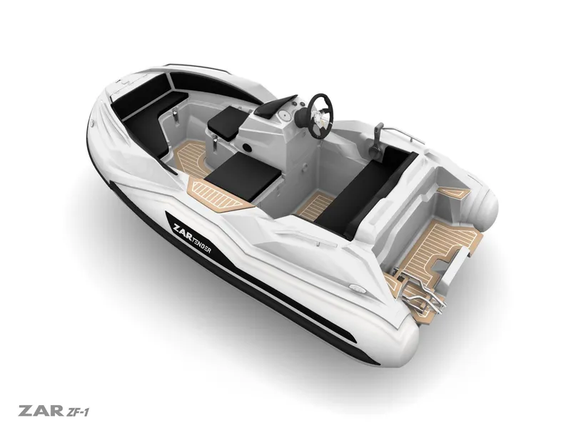 Slide: The Image of 2025 Zar Formenti ZF-5 boat, sleek design, white exterior, black seating, modern dashboard. - 22