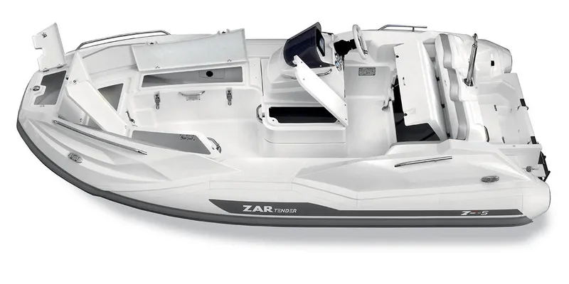 Slide: The Image of 2025 Zar Formenti ZF-5 boat, sleek design, white exterior, modern seating, and control console. - 3