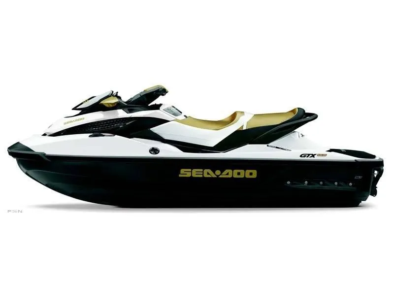 Slide: The Image of 2012 Sea-Doo GTX 155 jet ski, white and black design, side view. - 40