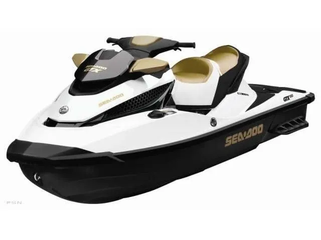 Slide: The Image of 2012 Sea-Doo GTX 155 jet ski, white and black design, side view. - 41