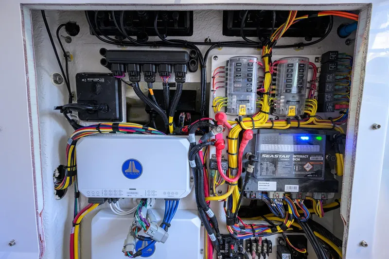 Slide: The Image of Electrical system of a 2025 Sportsman Masters 267 Bay Boat, showcasing wiring and components. - 25