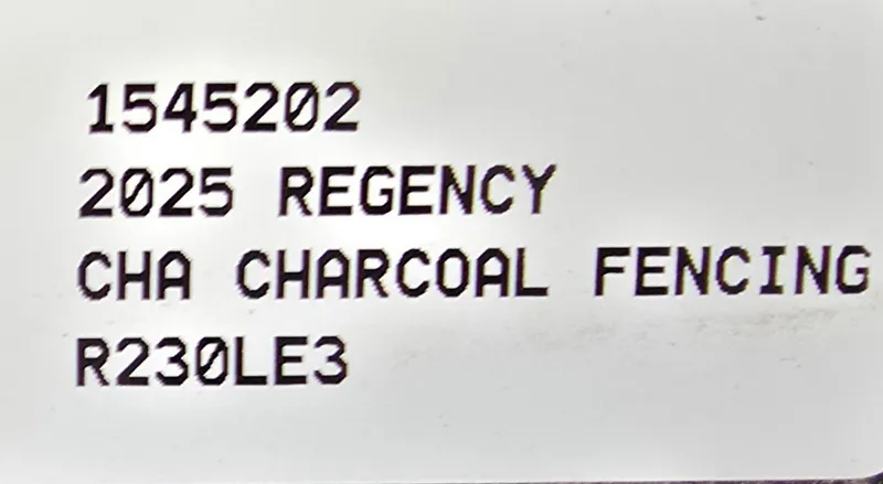 Slide: The Image of Label displaying "2025 Regency 230 LE3" with charcoal fencing details. - 8