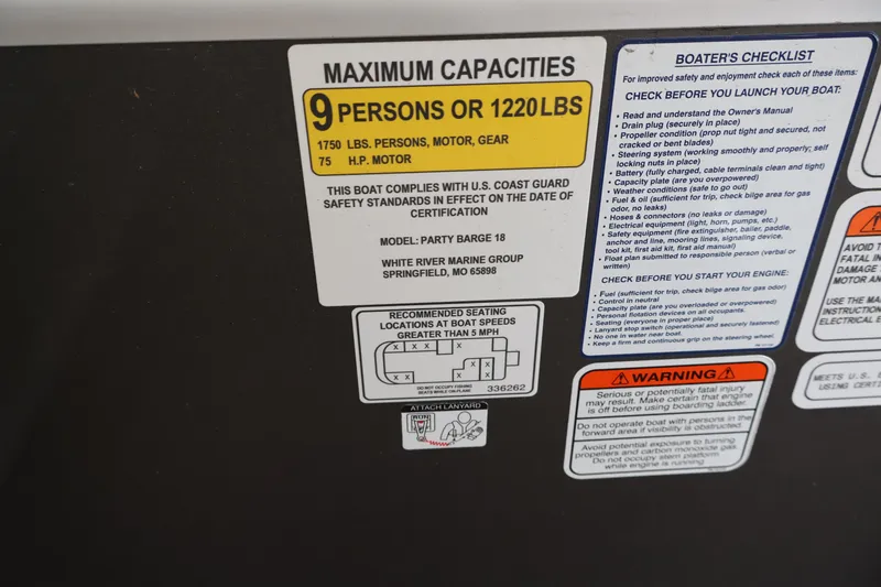 Slide: The Image of 2025 Sun Tracker Party Barge 18 DLX capacity label, seating diagram, and safety checklist. - 35
