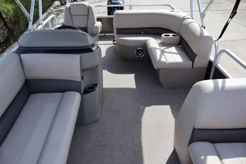 Slide: The Image of 2025 Sun Tracker Party Barge 18 DLX interior with spacious seating and modern design. - 14