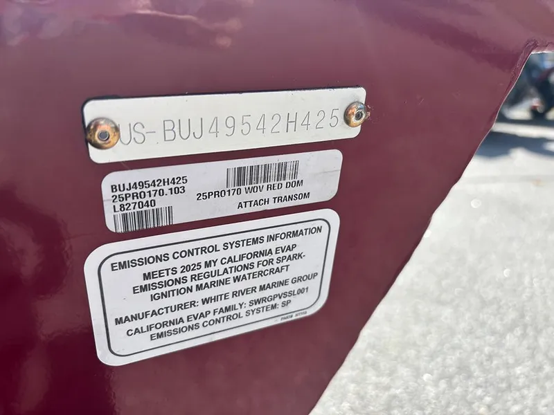 Slide: The Image of 2025 Tracker Pro 170 boat identification and emissions control label. - 25