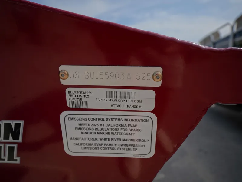 Slide: The Image of 2025 Tracker Pro Team 175 boat identification and emissions control label. - 14