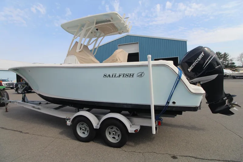 Slide: The Image of 2017 Sailfish 236 CC boat on trailer with Mercury outboard motor. - 3