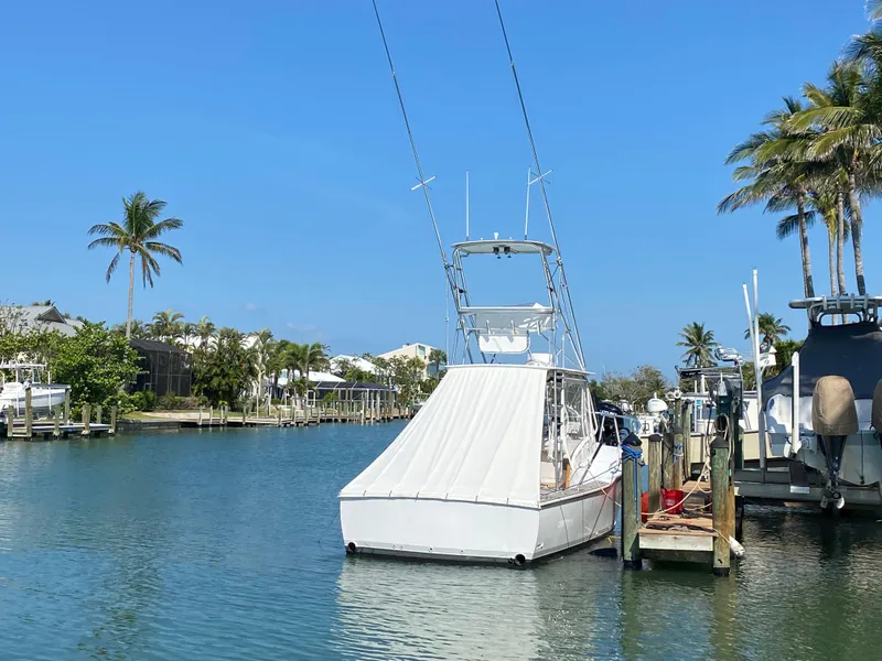 Slide: The Image of Boat docked in a tropical marina, L&H 33 model, 1995, surrounded by palm trees. - 4