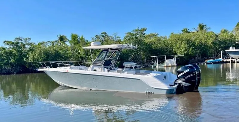 Slide: The Image of 1999 Donzi 35 ZF boat on calm water, surrounded by lush greenery. - 2