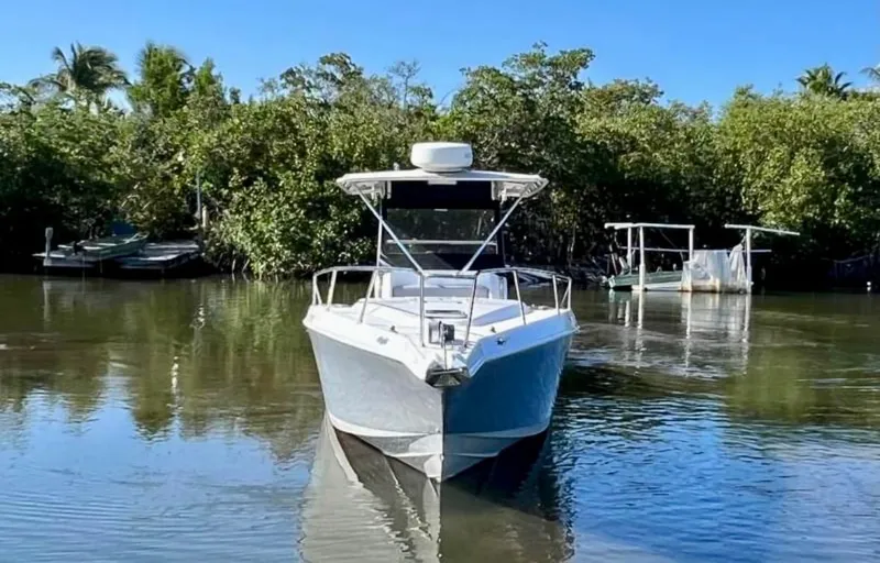 Slide: The Image of 1999 Donzi 35 ZF boat on calm water, surrounded by lush greenery. - 3