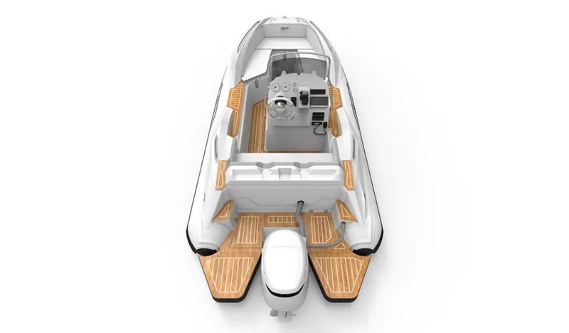 Slide: The Image of 2025 Zar Formenti 49 SL boat, top view, featuring sleek design and modern outboard motor. - 10
