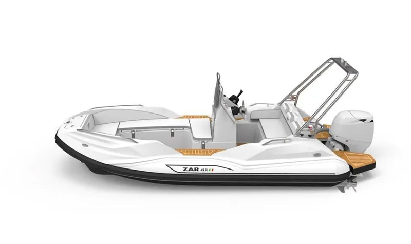 Slide: The Image of 2025 Zar Formenti 49 SL boat, sleek white design, modern features, outboard motor. - 9