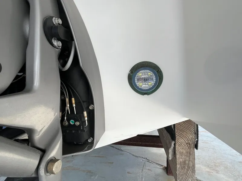 Slide: The Image of Close-up of 2019 Chaparral 277 SSX boat's mechanical components and hull detail. - 9