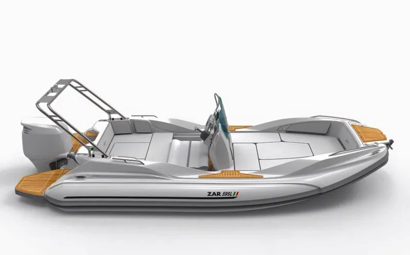 Slide: The Image of 2025 Zar Formenti 59 SL/Limited boat, sleek design, white and gray with wood accents. - 16