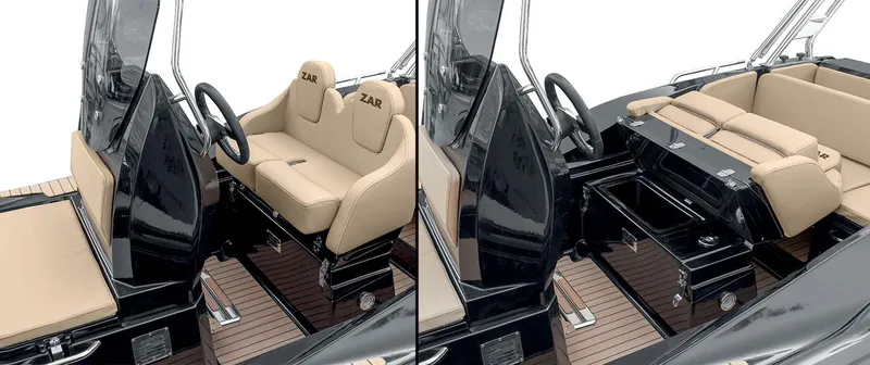 Slide: The Image of 2025 Zar Formenti 59 SL/Limited boat interior with beige seating and steering console. - 2