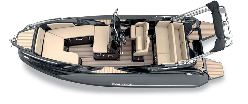Slide: The Image of 2025 Zar Formenti 59 SL/Limited boat, top view, featuring sleek design and beige seating. - 4