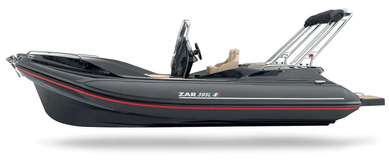 Slide: The Image of 2025 Zar Formenti 59 SL/Limited boat, sleek black design with red accents, side view. - 5