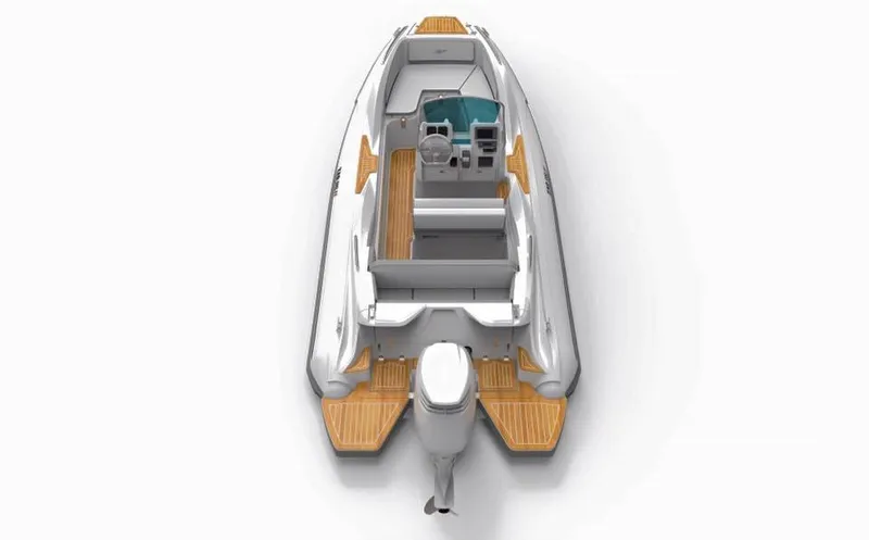 Slide: The Image of 2025 Zar Formenti 59 SL/Limited boat, top view, featuring sleek design and wooden deck accents. - 15