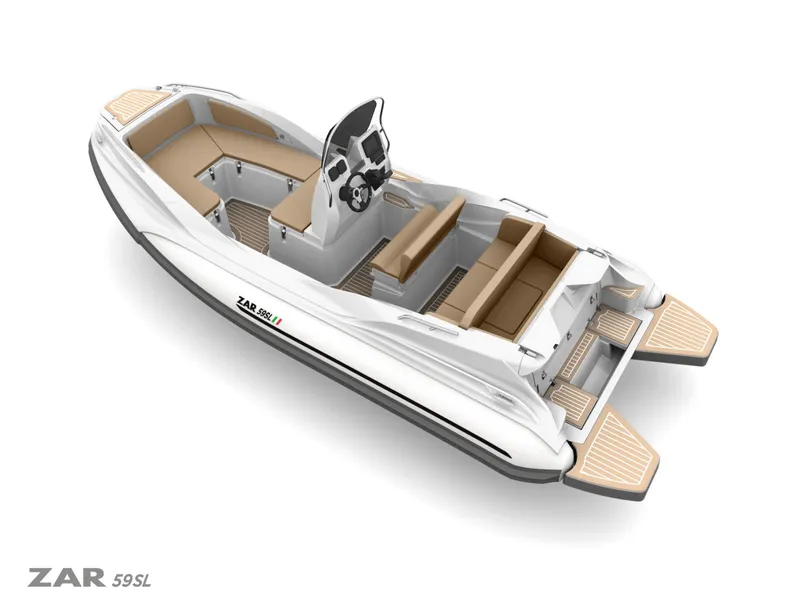 Slide: The Image of 2025 Zar Formenti 59 SL/Limited boat, sleek design, spacious seating, modern console, white and beige color scheme. - 28
