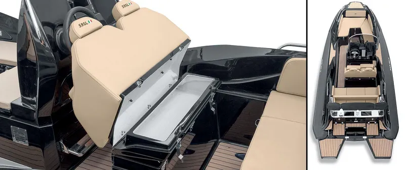 Slide: The Image of 2025 Zar Formenti 59 SL/Limited boat interior with beige seating and storage compartment. - 3