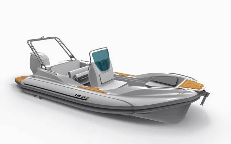 Slide: The Image of 2025 Zar Formenti 59 SL/Limited boat, sleek design, white and gray with wood accents. - 7