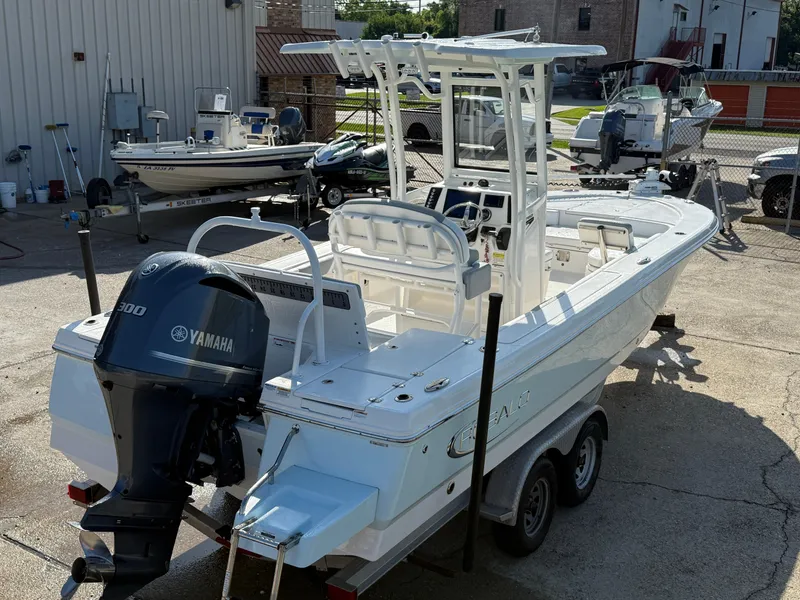 Slide: The Image of 2021 Robalo 246 Cayman boat with Yamaha engine on trailer in a marina. - 5