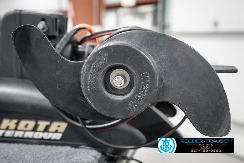 Slide: The Image of Close-up of a Minn Kota Terrova trolling motor propeller on a 2001 Lund 1775 Pro V SE boat. - 46