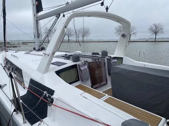 Slide: The Image of 2017 Beneteau Oceanis 41.1 sailboat docked, featuring sleek design and spacious deck. - 7