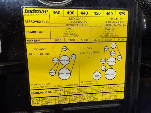 Slide: The Image of Indmar engine specifications label for MB B-52, 2022 model, showing fuel, oil, and belt routing. - 12