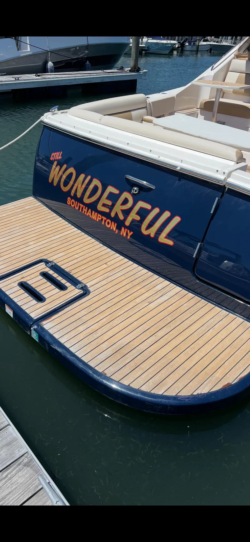 Slide: The Image of 2013 Tiara Yachts 3600 Coronet docked, featuring "Wonderful" name, Southampton, NY. - 3