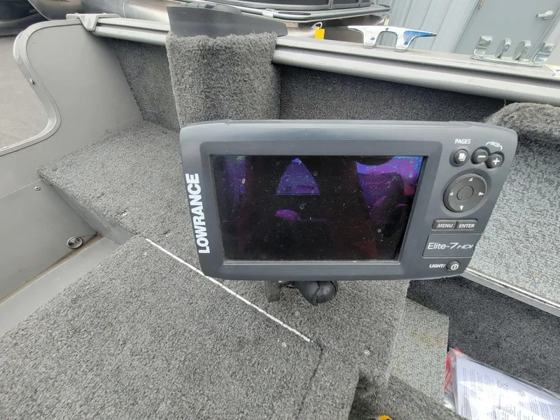 Slide: The Image of Lowrance Elite-7 HDI fish finder on 2013 Lund 1650 Rebel XL Tiller boat. - 20