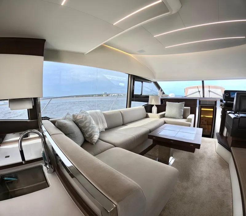 Slide: The Image of Luxurious interior of a 2019 Prestige 520 yacht with elegant seating and modern design. - 17