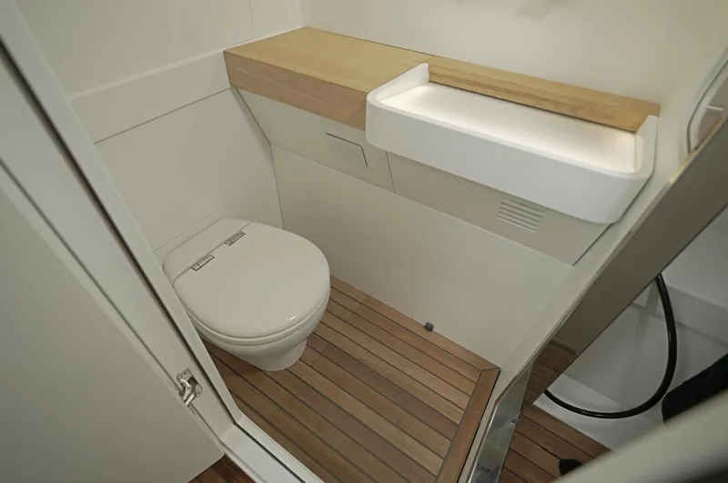 Slide: The Image of Modern bathroom in 2023 Novamarine Black Shiver 160 yacht with wooden flooring. - 11