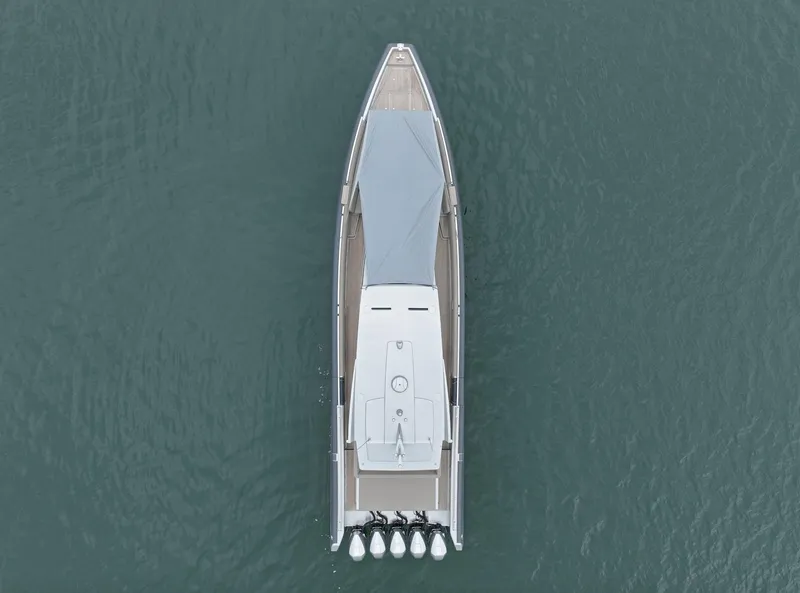 Slide: The Image of Aerial view of 2023 Novamarine Black Shiver 160 boat on water. - 2