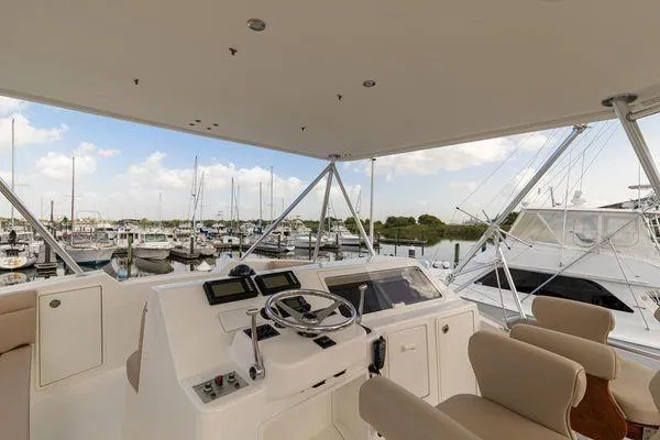 Slide: The Image of Helm of 2008 Ocean Yachts 46SS with marina view, featuring modern controls and seating. - 5