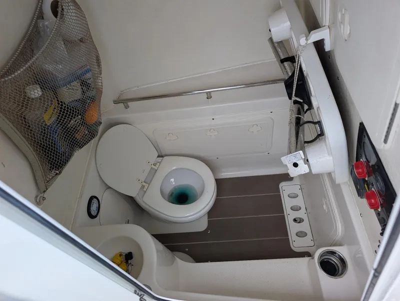 Slide: The Image of 2019 Sailfish 290cc boat bathroom interior with toilet and storage net. - 16