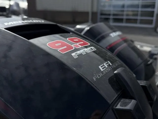 Slide: The Image of Outboard motors on a 2002 Tracker 185 Targa boat, featuring Mercury 9.9 Pro EFI FourStroke. - 10