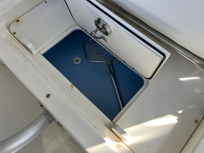 Slide: The Image of Livewell compartment on a 2017 Boston Whaler 270 Vantage boat with a net inside. - 6