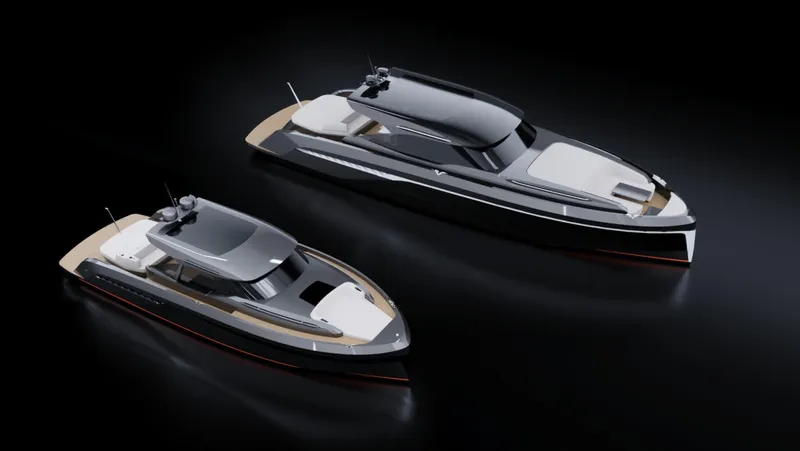 Slide: The Image of Two sleek Bekkers Yachts CARIB 64HT models, 2026, displayed on a dark background. - 10