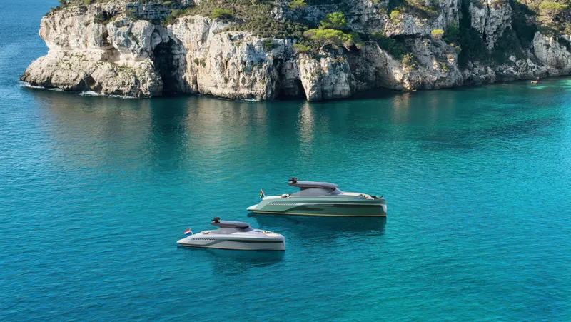 Slide: The Image of Two Bekkers Yachts CARIB 64HT, 2026 models, cruising in clear turquoise waters. - 11