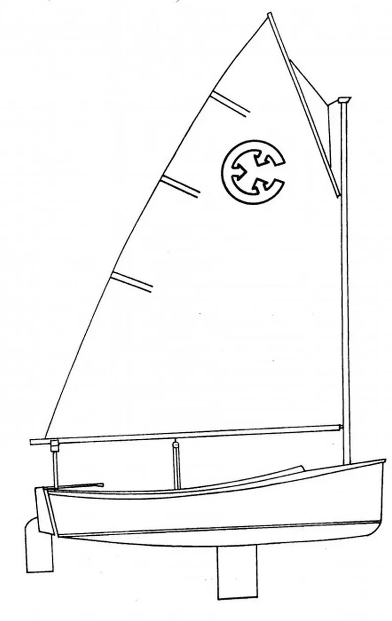 Slide: The Image of Line drawing of a 2001 Com-Pac Picnic Cat sailboat with distinctive sail design. - 11