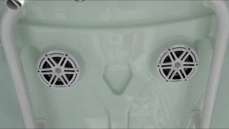 Slide: The Image of 2025 Tidewater 220 LXF boat speakers on mint green interior. - 18