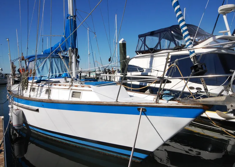 The Image of 1981 Endeavour 40 sailboat docked at marina, featuring blue and white design. - 0