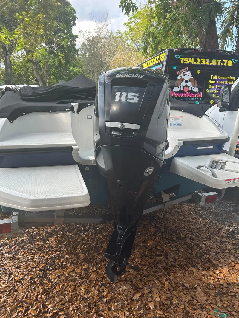 Slide: The Image of 2020 Bayliner Element boat with Mercury 115 outboard motor, parked on leaf-covered ground. - 5