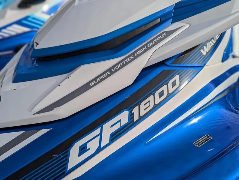 Slide: The Image of 2022 Yamaha WaveRunner EX LIMITED GP 1800, blue and white design, close-up view. - 8